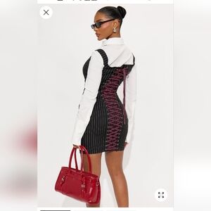 Black Pinstripe Bodycon Dress with Lace-Up Back